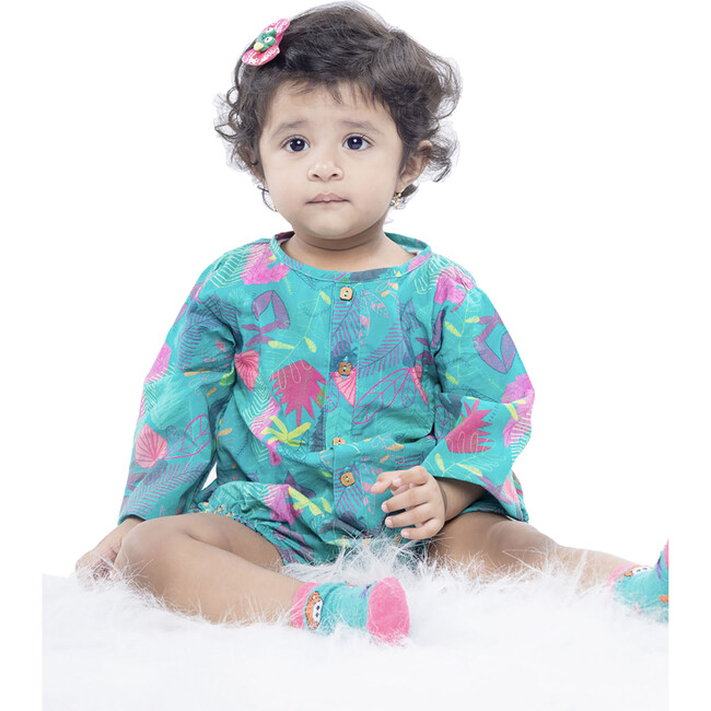 Hand-Drawn Leafy Full Sleeves Onesie, Green - Onesies - 5