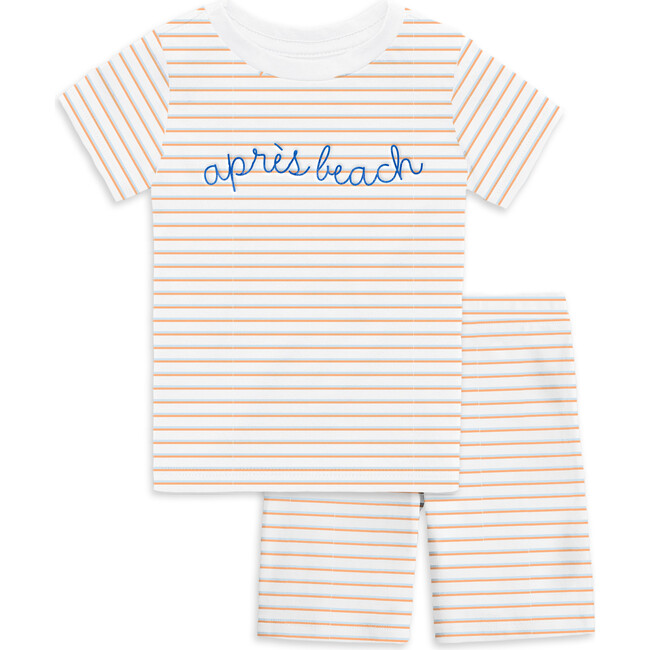 The Organic Embroidered Short Sleeve Pajama Set, Nectarine Stripe Apres Beach - Pajamas - 1