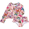 Watercolor Butterfly Long Sleeve Rash Guard And Ruffled Bloomer Set, Open Pink - Mixed Apparel Set - 1 - thumbnail