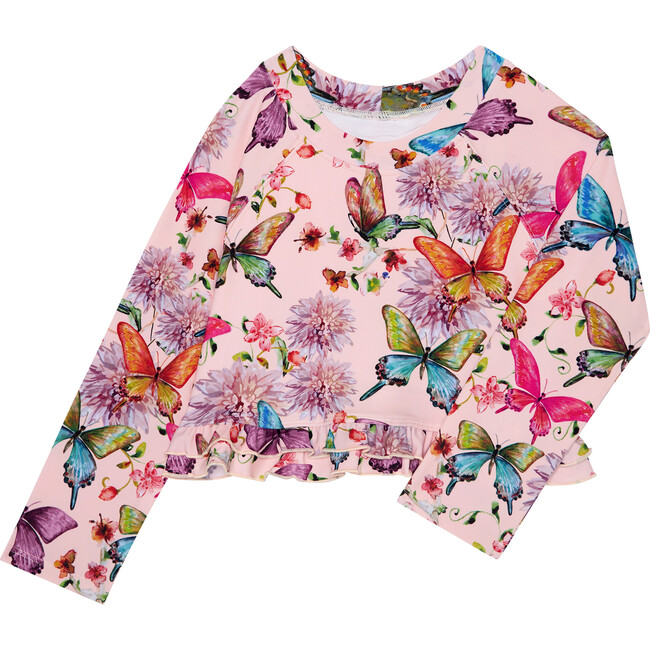 Watercolor Butterfly Long Sleeve Rash Guard And Ruffled Bloomer Set, Open Pink - Mixed Apparel Set - 2