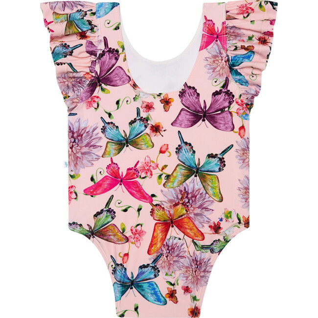 Watercolor Butterfly One-Piece Basic Ruffled Cap Sleeve Swimsuit, Open Pink - One Pieces - 2