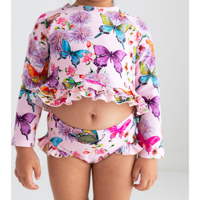 Watercolor Butterfly Long Sleeve Rash Guard And Ruffled Bloomer Set, Open Pink - Mixed Apparel Set - 4
