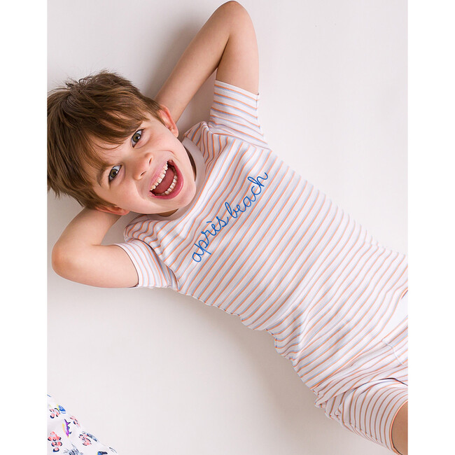 The Organic Embroidered Short Sleeve Pajama Set, Nectarine Stripe Apres Beach - Pajamas - 2