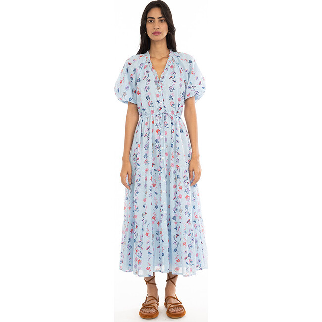 Women's Poppy Floral V-Neck Puff Sleeve Dress, Pink - Dresses - 1