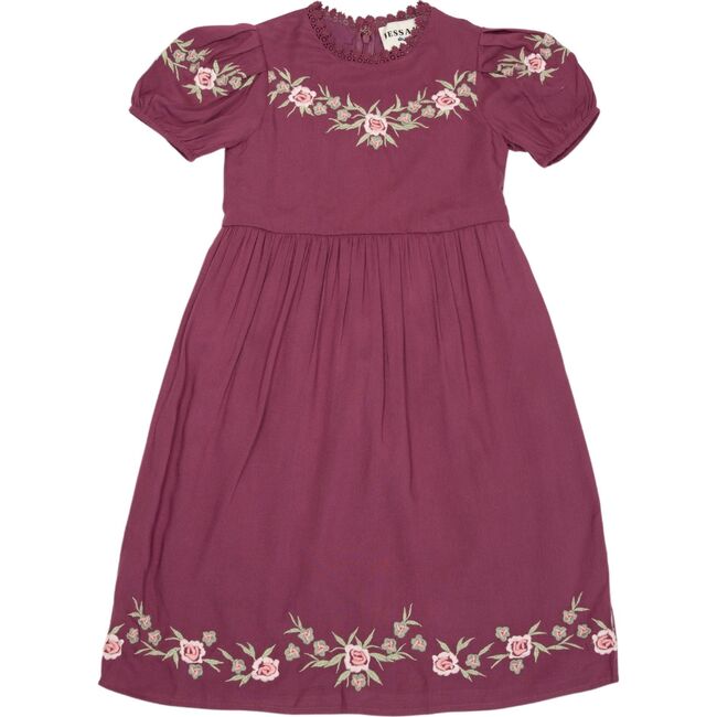Rosedale Puff Sleeve Floral Embroidered Dress, Dark Rose