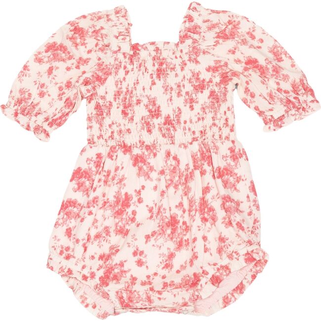 Vera Puff Sleeve Floral Print Smocked Romper, Pink And Cream