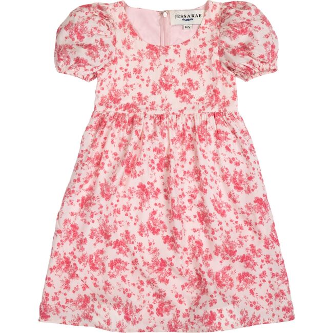Vera Puff Sleeve Floral Print Midi Dress, Pink And Cream