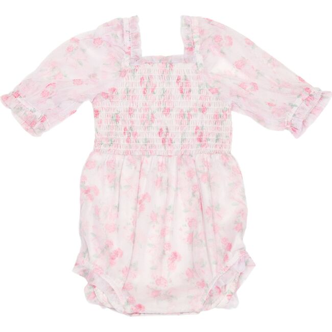 Promenade Puff Sleeve Floral Print Smocked Romper, Pink And White - Rompers - 1