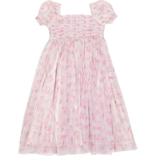 Promenade Puff Sleeve Floral Print Midi Dress, Pink And White