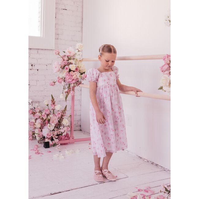 Puff Sleeve Floral Print Midi Dress, Pink Floral - Dresses - 2