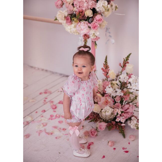 Promenade Puff Sleeve Floral Print Smocked Romper, Pink And White - Rompers - 2