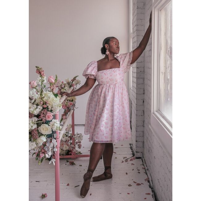 Women's Puff Sleeve Midi Dress, Pink Floral - Dresses - 2