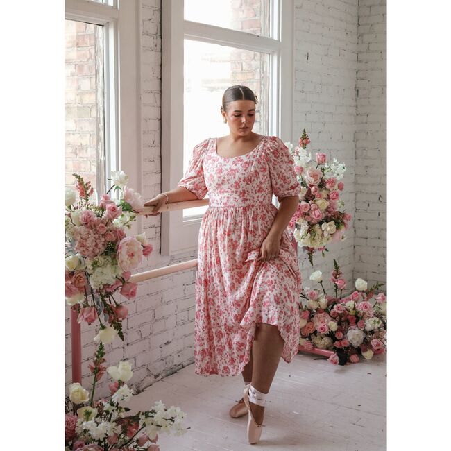 Women's Vera Puff Sleeve Floral Print Midi Dress, Pink And Cream - Dresses - 2