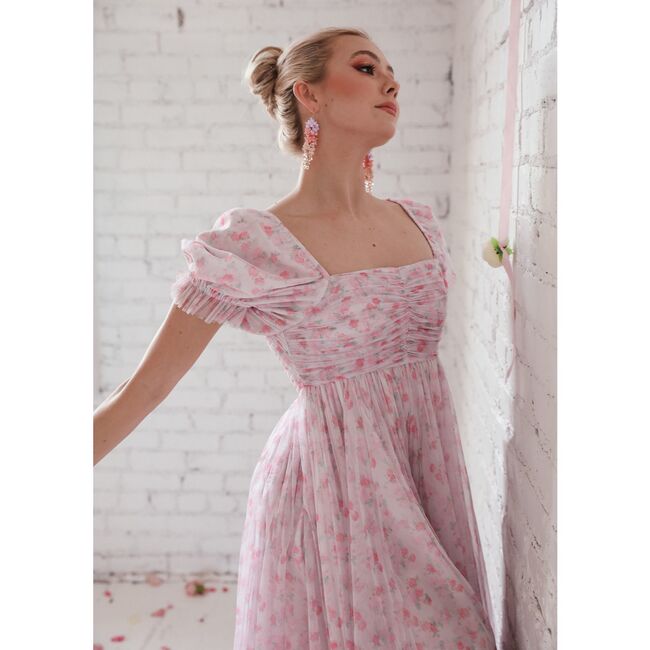 Women's Promenade Puff Sleeve Floral Print Maxi Dress, Pink And White - Dresses - 3