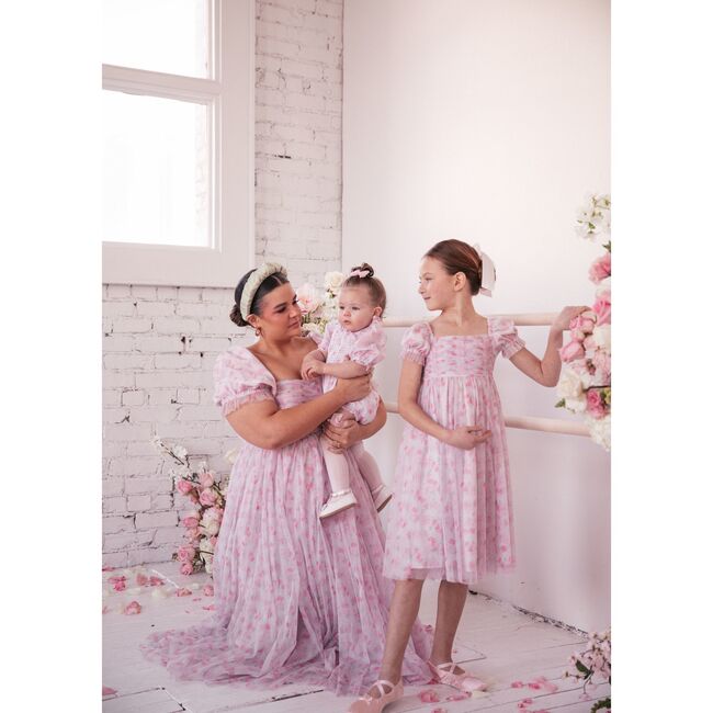 Promenade Puff Sleeve Floral Print Midi Dress, Pink And White - Dresses - 3