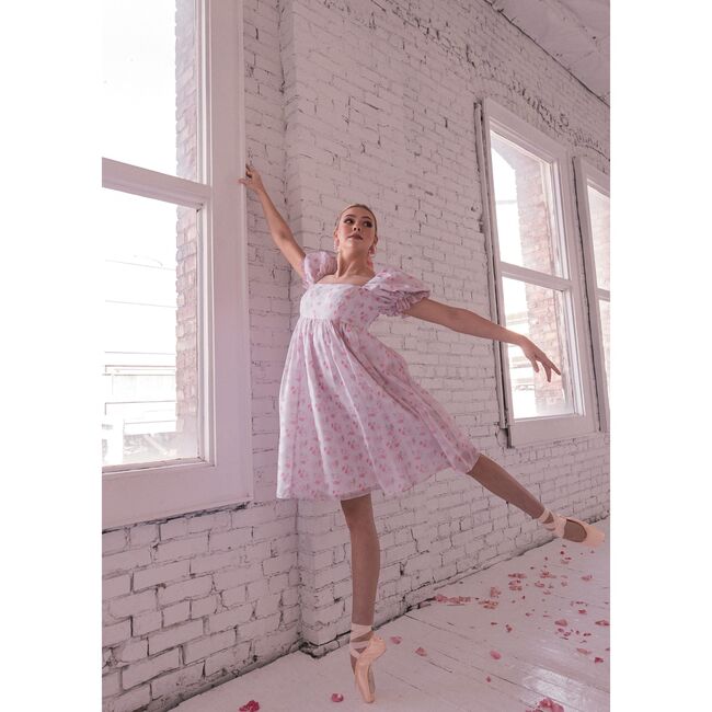 Women's Puff Sleeve Midi Dress, Pink Floral - Dresses - 3