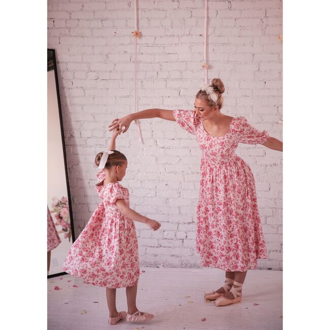 Vera Puff Sleeve Floral Print Midi Dress, Pink And Cream - Dresses - 4