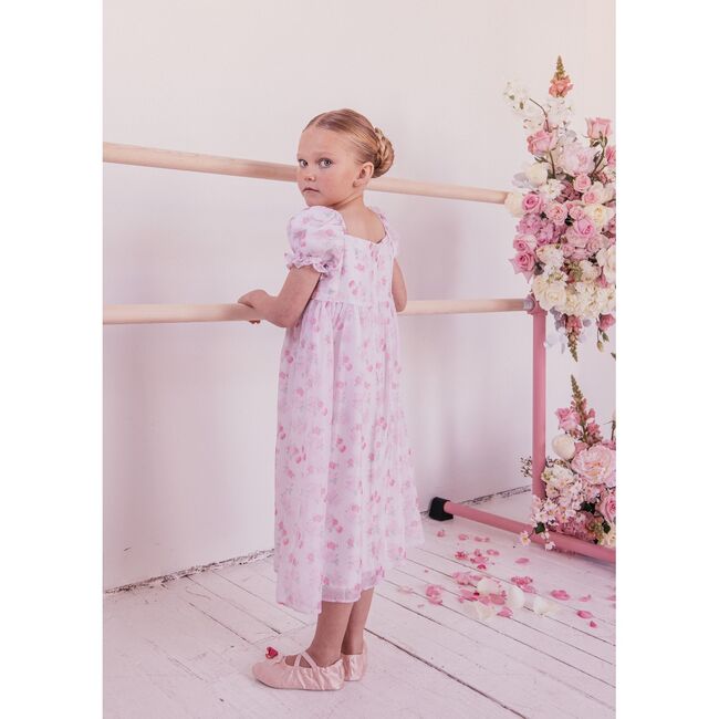 Puff Sleeve Floral Print Midi Dress, Pink Floral - Dresses - 4