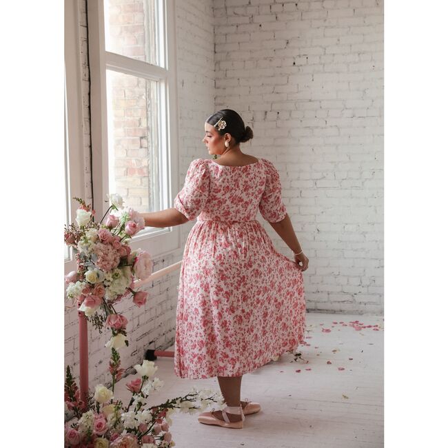 Women's Vera Puff Sleeve Floral Print Midi Dress, Pink And Cream - Dresses - 5