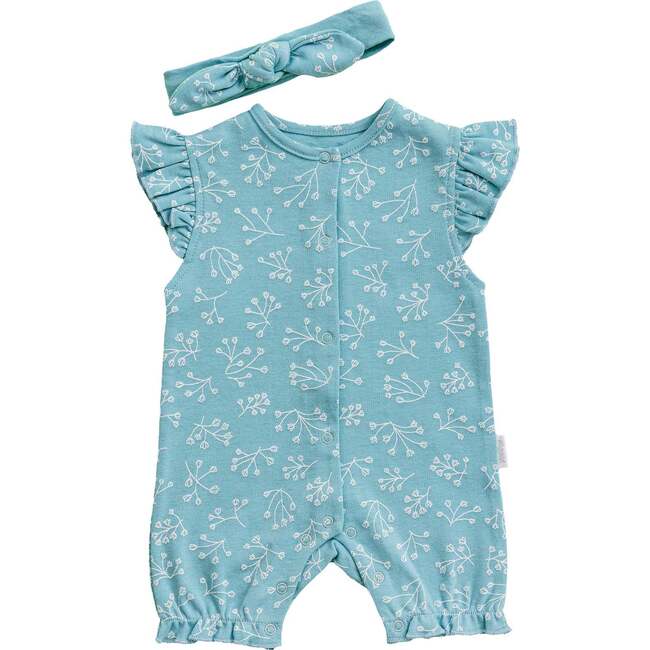Teal Floral Print Ruffle Babysuit, Blue - Bodysuits - 1