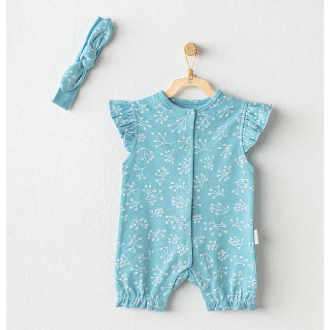 Teal Floral Print Ruffle Babysuit, Blue - Bodysuits - 2