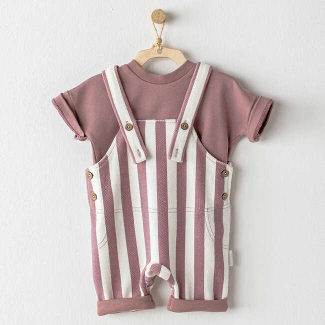 Striped Overalls Outfit, Rose - Mixed Apparel Set - 2