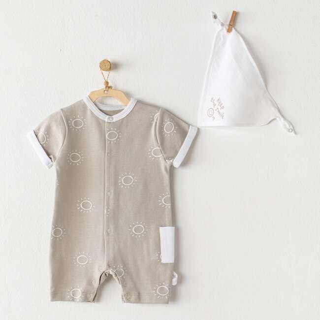 Sunshine Print Babysuit & Bib, Beige - Bodysuits - 2