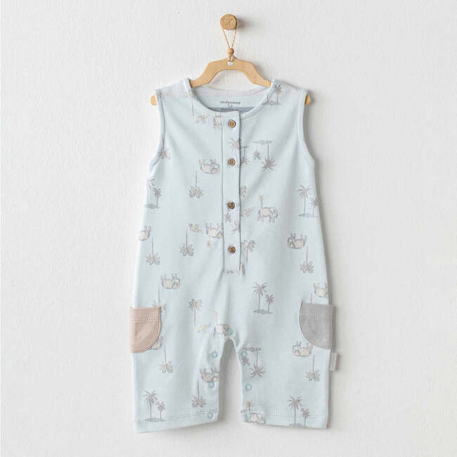 Safari Print Sleeveless Babysuit, Light Blue - Bodysuits - 2