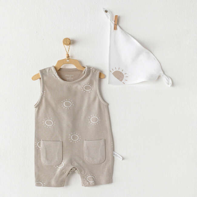 Sleeveless Sunshine Print Babysuit & Bib, Beige - Bodysuits - 2