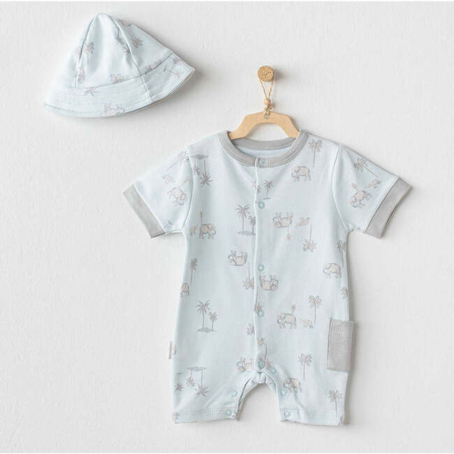 Safari Print Babysuit & Hat, Light Blue - Bodysuits - 2