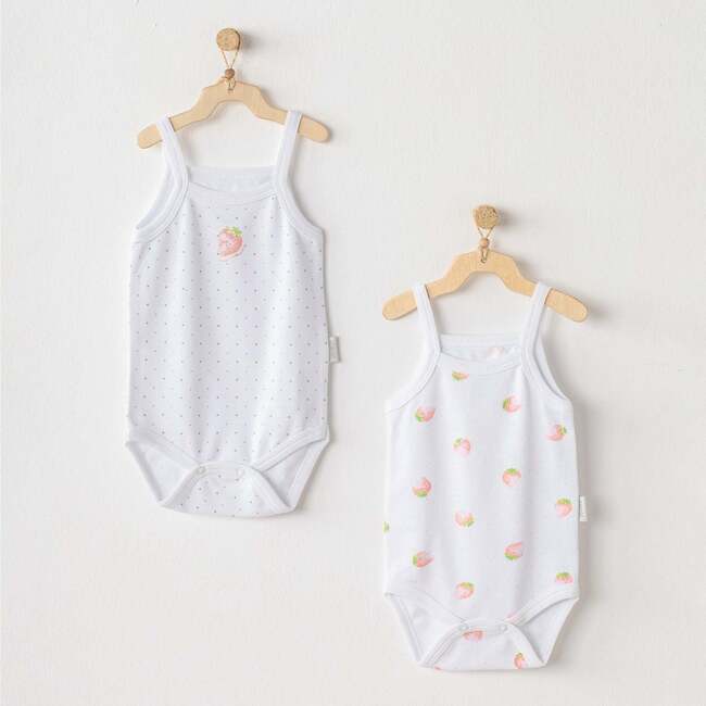 2pc Strawberry Print Babysuit Set, White - Bodysuits - 1