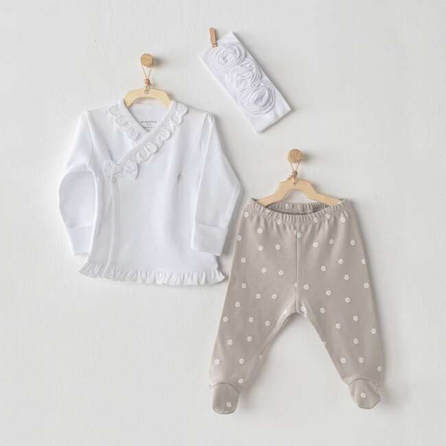 3pc Side Snap Ruffle Bow Outfit, White - Mixed Apparel Set - 2