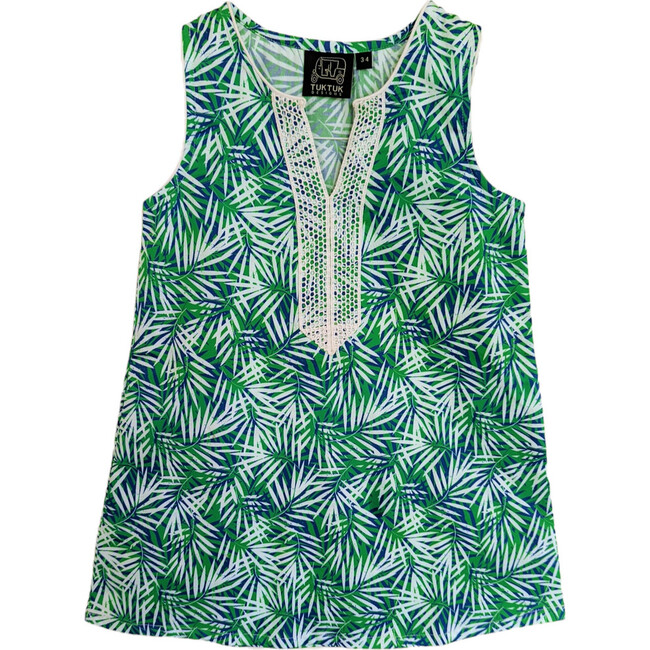 Tropical Palms Sleeveless Shift Dress, Blue And Green