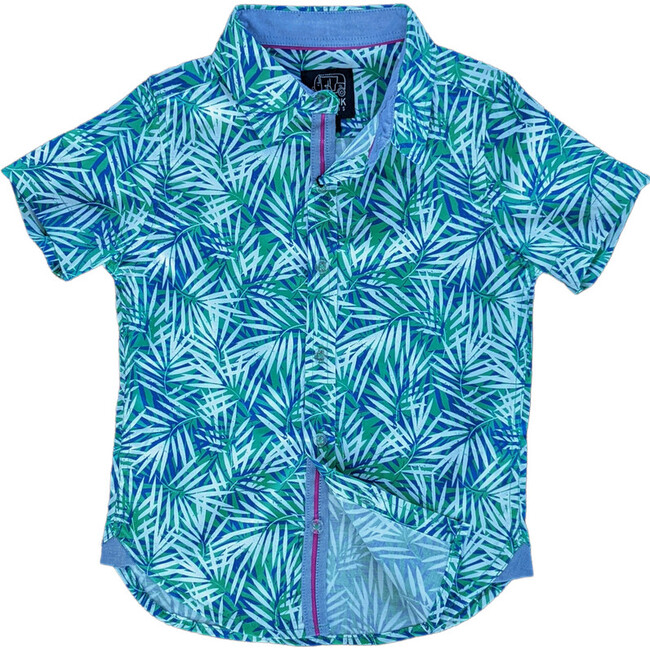 Tropical Palms Short Sleeve Collared Shirt, Blue