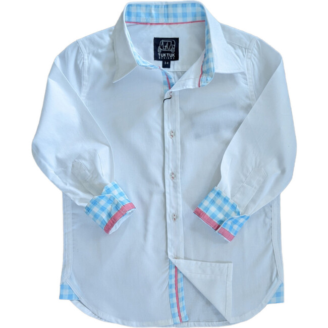 Gingham Long Sleeve Shirt WithTrim, White - Shirts - 1
