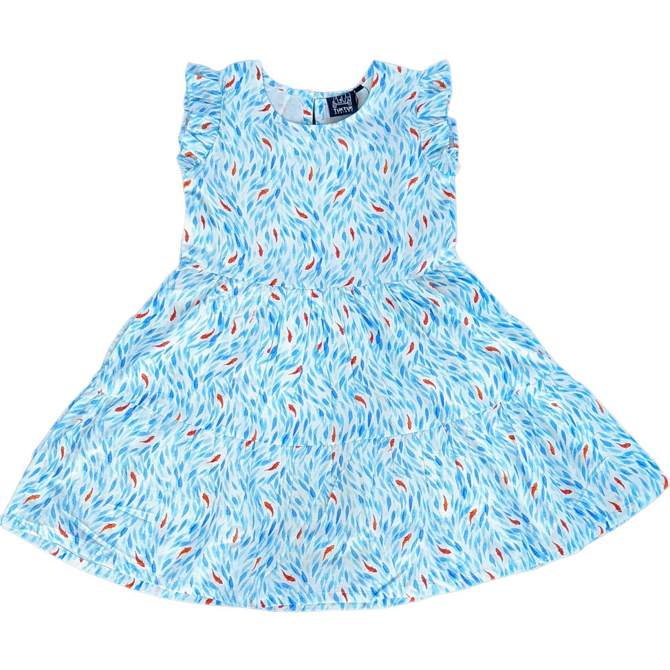 Koi Pond Short Sleeve Tier Dress, Blue - Dresses - 1