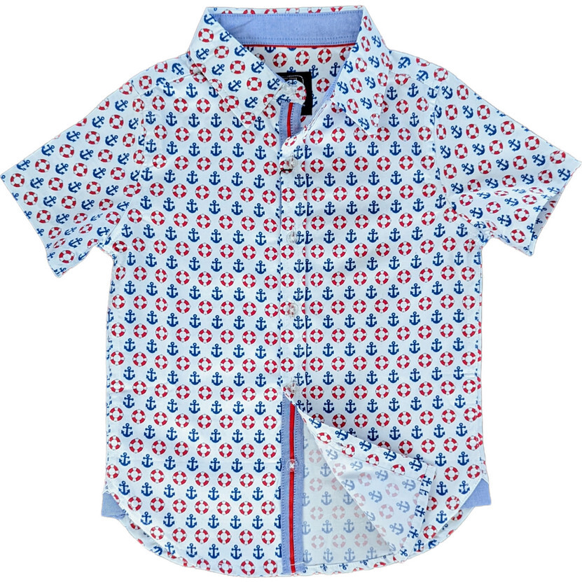 Nautical Short Sleeve Collared Shirt, Blue - Shirts - 1