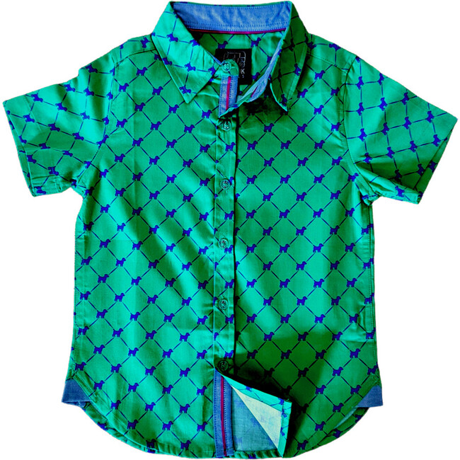 Puppies Print Short Sleeve Collared Shirt, Green - Shirts - 1