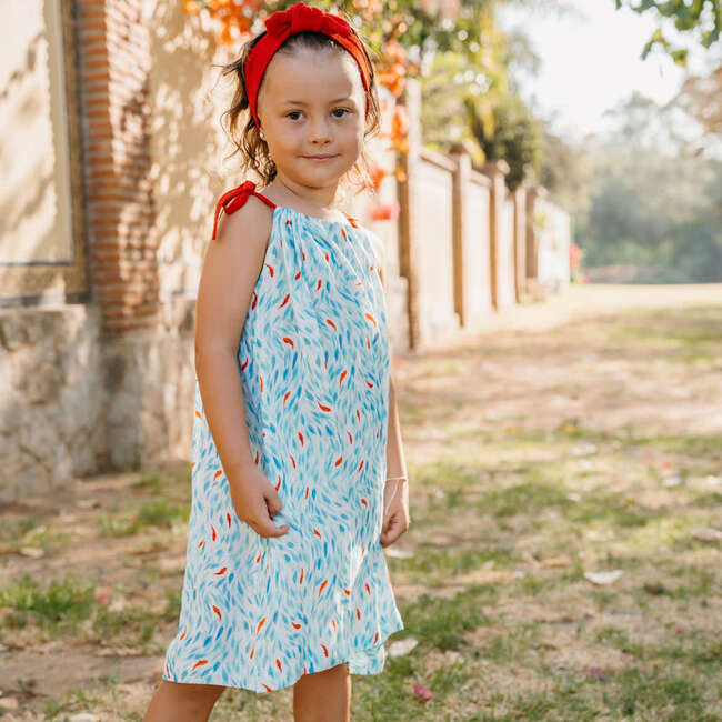 Koi Pond Sleeveless Shoulder Tie Dress, White And Blue - Dresses - 2