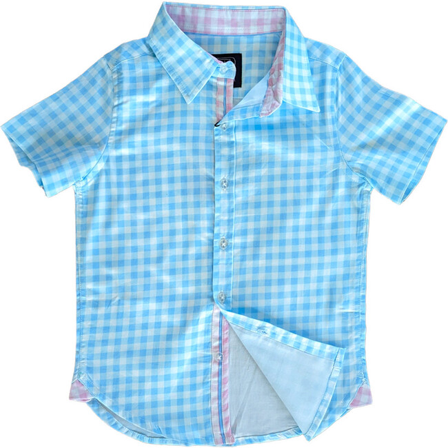 Gingham Checked Short Sleeve Collared Shirt, Blue