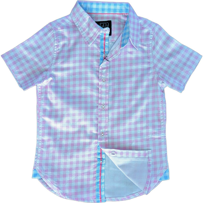 Gingham Checked Short Sleeve Collared Shirt, Pink - Shirts - 1