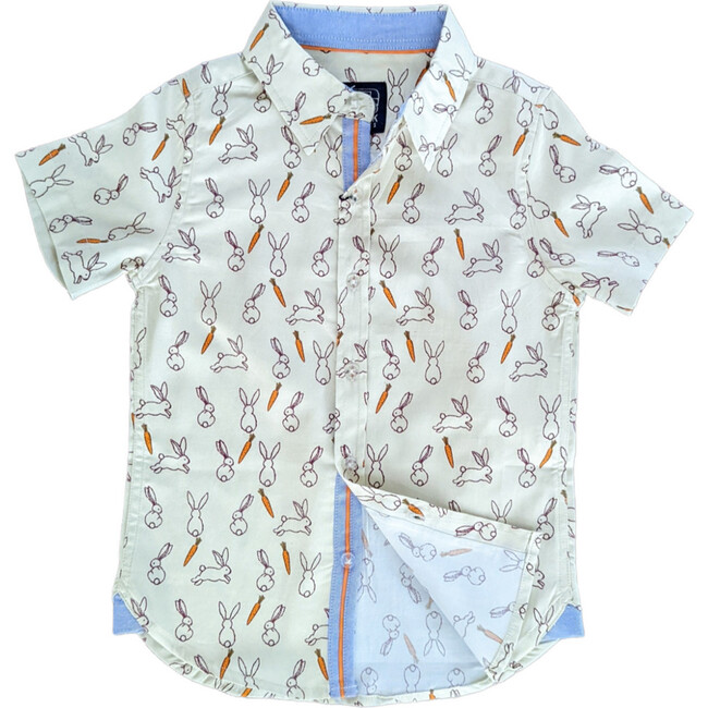 Bunnies Print Short Sleeve Collared Shirt, Beige