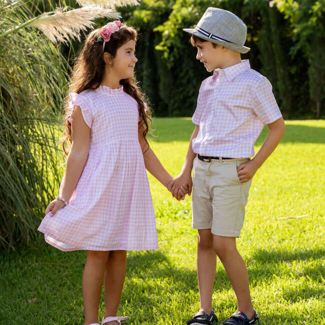 Gingham Checked Short Sleeve Collared Shirt, Pink - Shirts - 3