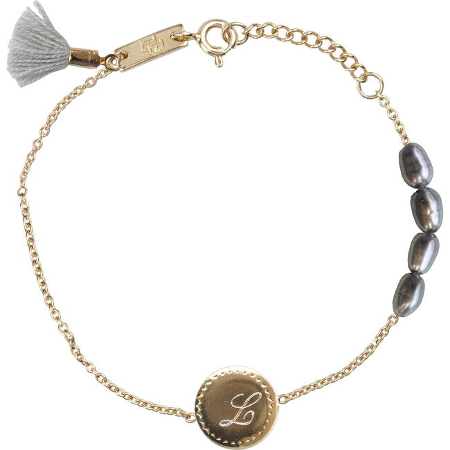 Keep You Close To Me Initials Bracelet, Gold Plated And Gray-Blue Pearls