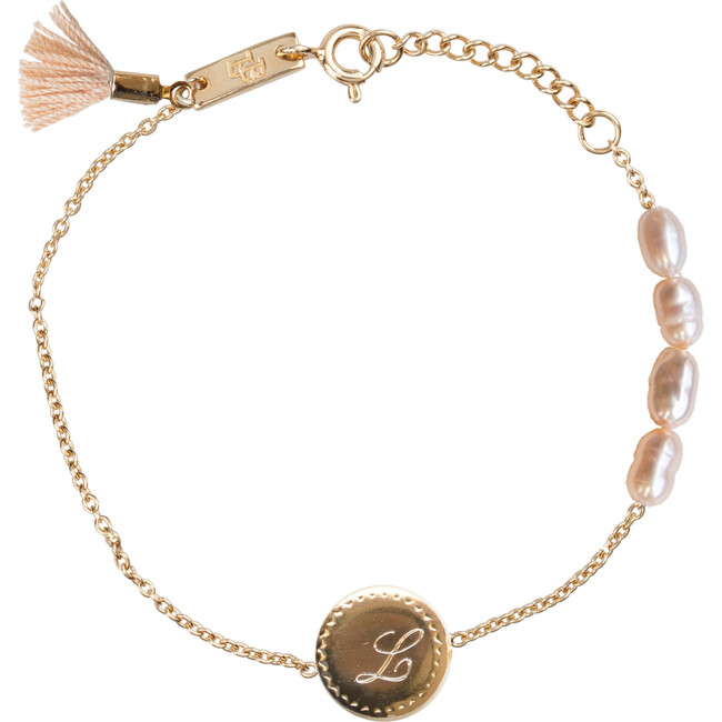 Keep You Close To Me Initials Bracelet, Gold Plated And Peach Pearls