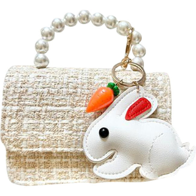 Tweed Purse with Hanging Bunny, Ivory - Bags - 1