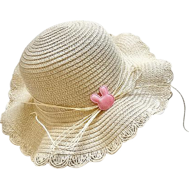 Ivory Straw Hat with Bunny Patch, Light Pink