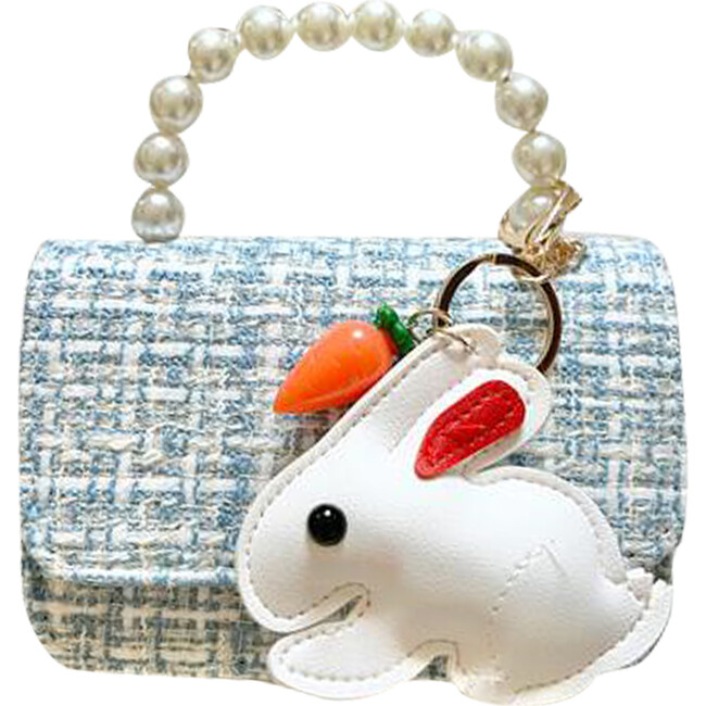 Tweed Purse with Hanging Bunny, Blue - Bags - 1