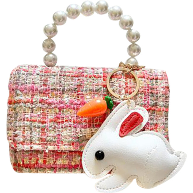 Tweed Purse with Hanging Bunny, Hot Pink - Bags - 1