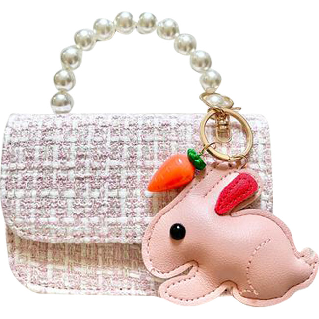 Tweed Purse with Hanging Bunny, Pink - Bags - 1